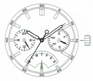 Movimento Miyota JR20, 12 1/2, 3 sfere Doppia data 24h