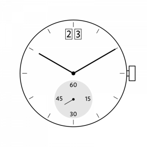 Movimento Ronda 6004.B, 11 1/2 con piccoli secondi al 6H, e grande data alle 12H